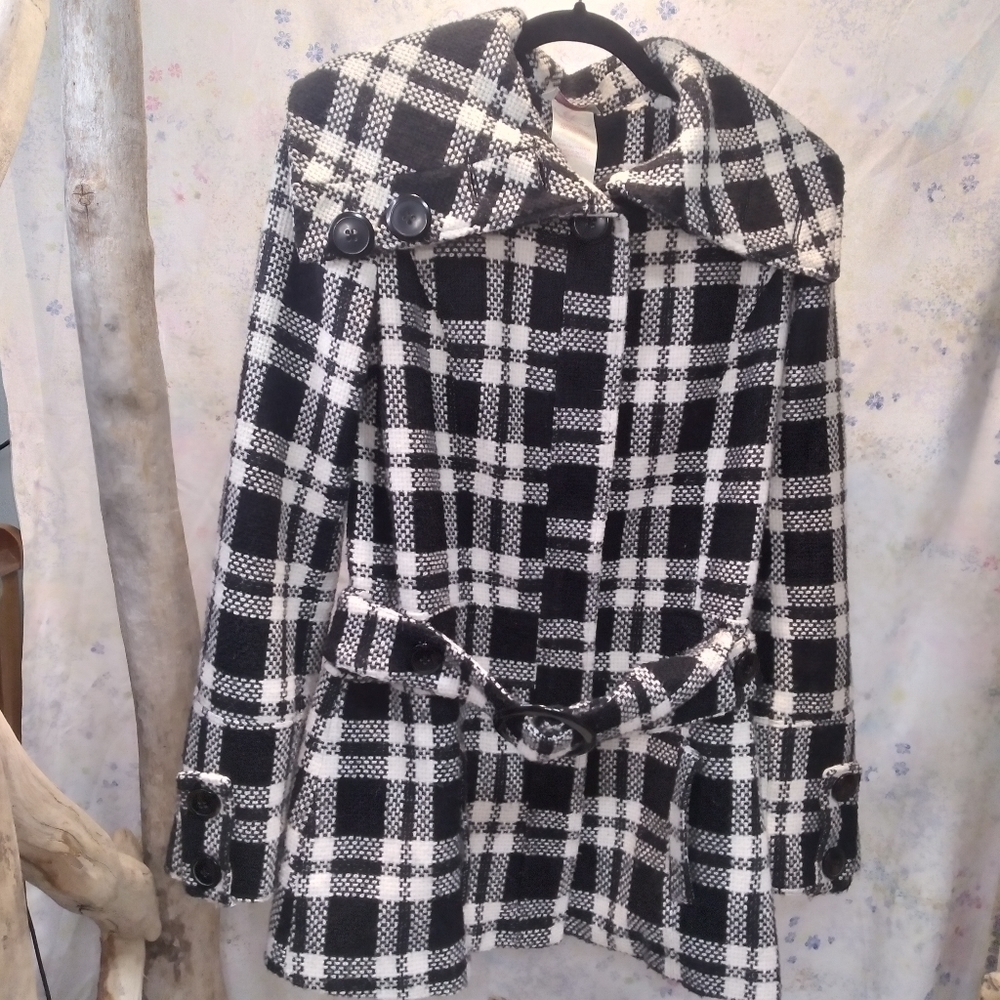 Groggy Black & White Plaid Hidden Button Up Belted High Neck Peacoat Size Medium